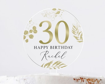 Personalised Happy Birthday Cake Topper, Clear Acrylic Birthday Cake Topper, 18th 21st 30th 40th 50th Birthday, Gold Theme Topper