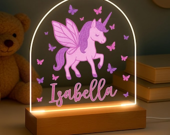 Personalised LED Unicorn Night Lamp, Kids Night Light Gift, Unicorn Butterfly Light, Birthday Gifts for Kids, Baby Girl Nursery Table Light