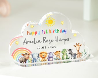 Personalisiertes Geschenk zum 1. Geburtstag, Safari-Tiere-Schild, Erinnerungsgeschenk zum ersten Geburtstag, Geschenk für neues Baby, Baby-Geburtstagsgeschenk, Kinderzimmer, Schlafzimmer