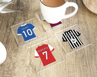 Gepersonaliseerde voetbalshirt Coaster, voetbalcadeaus, Daddy Coaster, Kids Coaster, Vaderdagcadeaus, Daddy Opa Gifts, Sport Gifts