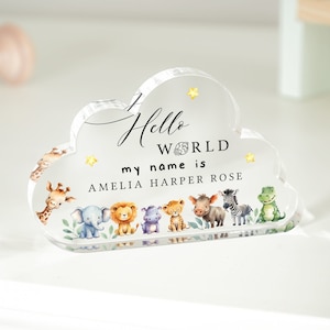 Personalised New Baby Gift Plaque, Welcome to the World Plaque, Safari Animals Gift, Gift for Baby, Cloud Plaque, Congrats Gift, New Parents