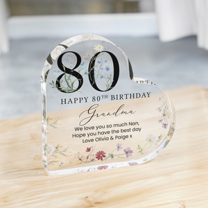 Personalised Happy 80th Birthday Gift Plaque, Birthday Gift For Nan, Heart Plaque, 80th Birthday Gifts, Floral 80th Gift, Gifts for Her Him