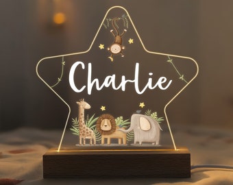 Personalised LED Safari Animal Star Lamp, Kids Night Light Gift, Baby Night Light, Birthday Gifts for Kids, Kids Bedroom Nursery Table Light