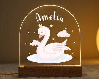 Personalised LED Swan Lamp, Kids Night Light Gift, Baby Girls Light, Birthday Gifts for Kids, Kids Bedroom Nursery Table Light