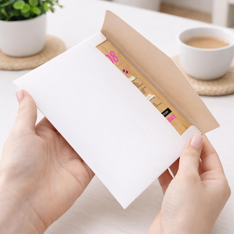 May include: A white envelope is held open, revealing a brown card with pink text and graphics. The card is partially visible, with the text "08" and other details. The envelope is on a white surface.
