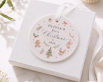 Personalised Baby's First Christmas Bauble, Babys 1st Xmas Pattern Illustrations Decoration, New Baby Christmas Ornament Gift