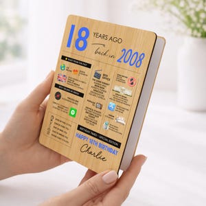 May include: Wooden plaque with the text "18 Years Ago back in 2008" and various facts and images from that year. The plaque includes the text "Happy 18th Birthday Charlie".