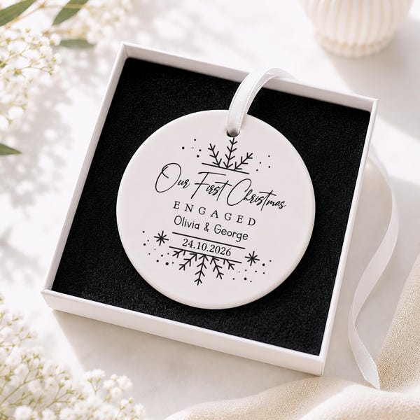 Personalised First Christmas Engaged Decoration, Engagement Ornament Keepsake, 1st Xmas Couple Bauble