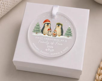 Personalised First Christmas as Family of 4 Bauble, Baby Penguin Xmas Tree Ornament, 1st Christmas as Four