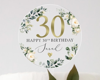 Personalised Happy Birthday Cake Topper, Gold Floral Cake Topper, 18th 21st 30th 40th 50th Birthday, Clear Acrylic Cake Topper
