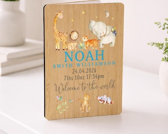 Personalised New Baby Card, Safari Animals Wooden Card, Gift for New Parents Baby Boy Girl