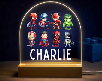 Lámpara LED de superhéroe personalizada, luz nocturna para niños, luz de héroe para niños, luz para bebé, regalos de cumpleaños para niños, luz para dormitorio infantil.