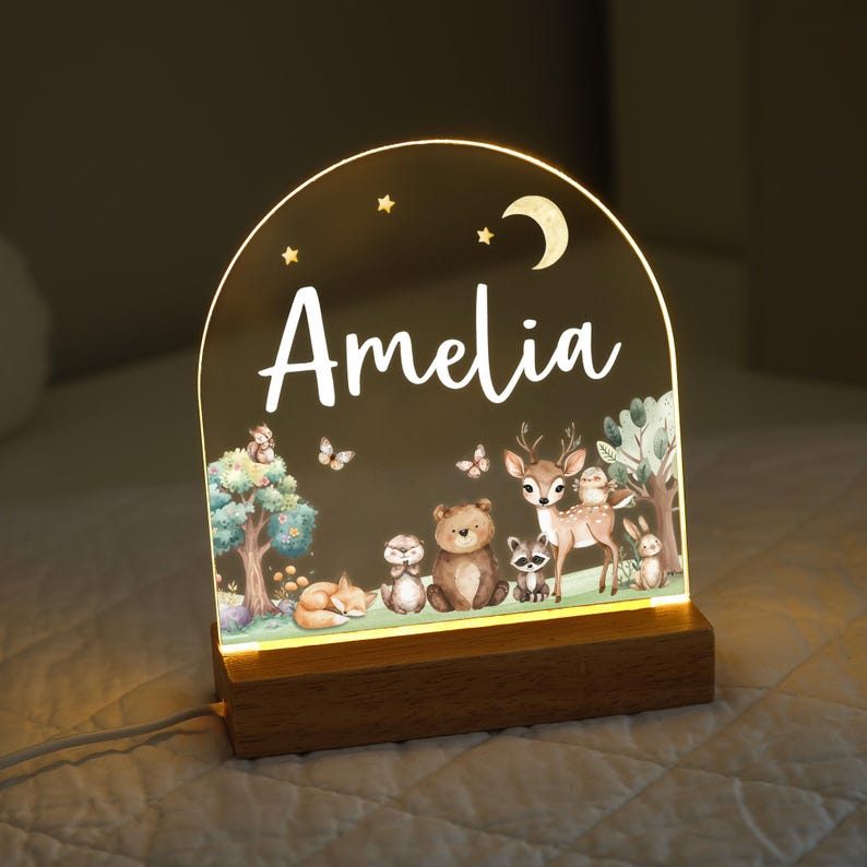 Personalised LED Animal Lamp, Kids Night Light Gift, Woodland Animals
