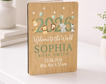 Personalised New Baby Card, Jungle Animals Wooden Card, Gift for New Parents Baby Boy Girl