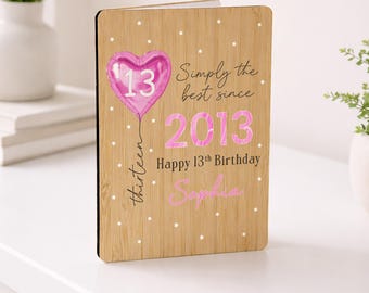 Personalised Happy 13th Birthday Card, Wooden Keepsake Card, Teenager Girl Age 13 Teen Gift