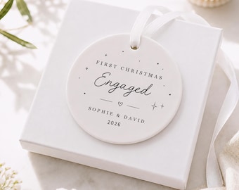 Personalised First Christmas Engaged Bauble, 1st Xmas Cute Stars Doodle Theme, Couple Tree Ornament Decoration