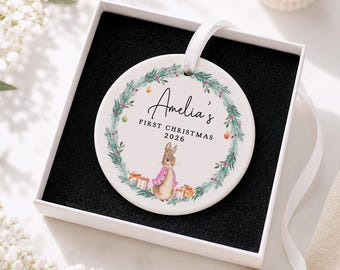Personalised Baby's First Christmas Decoration, Babys 1st Xmas Rabbit Bauble, New Baby Gift, First Christmas Ornament