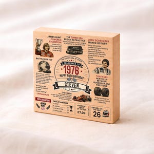 May include: A square wooden block featuring a 1976 Formula 1 themed birthday design for Steven. The print includes text, illustrations of race cars, tires, a trophy, and historical facts about the 1976 racing season, including final standings.