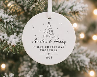 Personalised First Christmas Together Bauble, 1st Xmas Cute Tree Doodle Theme, Couple Tree Ornament Decoration