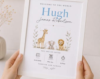 Personalised New Baby Framed Print, Safari Jungle Animals, Nursery Wall Art, Gift for New Parents, Baby Boy or Girl