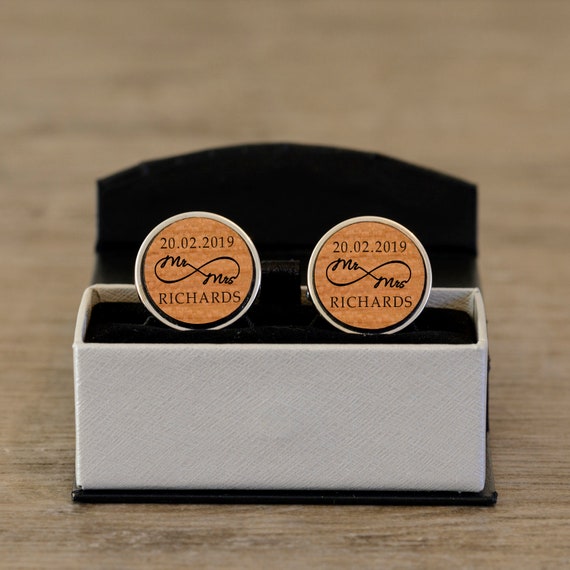 Personalizado Mr /& Señora Plateado Novio Boda Regalo Gemelos De Hora Y Fecha