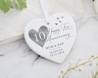 Personalised 10th Tin Anniersary Gift, 10th Anniversary Gift, Ceramic Heart Plaque, 10th Gifts, Wedding Anniversary Gift for Husband Wife