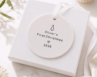 Personalised Baby's First Christmas Bauble, Babys 1st Xmas Cute Tree Drawing Theme, New Baby Christmas Ornament Gift
