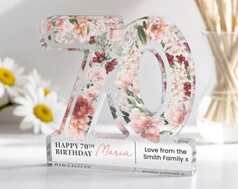Personalised 70th Birthday Gift Plaque, Happy 70th Birthday Gift For Her, 70th Birthday Gifts, Floral 70th Gift, Gift for Mum