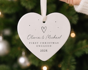 Personalised First Christmas Engaged Bauble, 1st Xmas Cute Heart Doodle Theme, Couple Tree Ornament Decoration