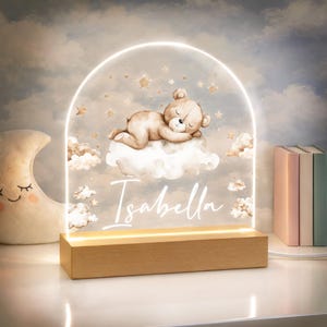 Personalised Nursery Night Light, Teddy & Cloud LED Lamp, Baby Bedroom Nursery Gift