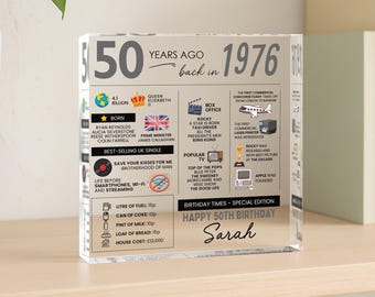 Personalised 50th Birthday Fun Facts Acrylic Plaque, Fun Facts Born in 1976 Gift for Her/Him