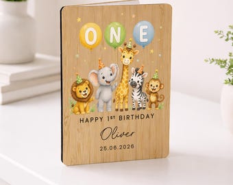 Personalised 1st Birthday Card, Jungle Safari Animals Wooden Card, Gift for First Birthday Baby Boy Girl