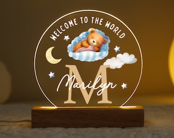 Personalised LED Baby Lamp, New Baby Night Light Gift, Hello World Nursery Plaque, Gift for Bedroom, Boys Bedroom Nursery Light, Baby Sign