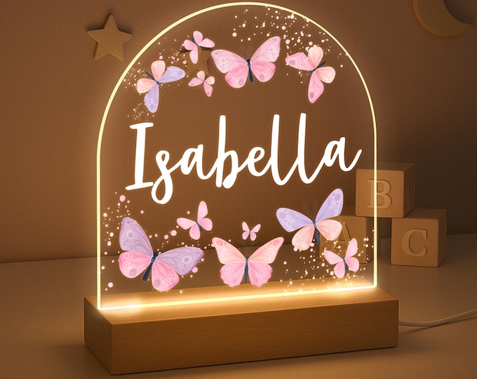Personalised LED Nursery Lamp, Kids Night Light Gift, Butterfly Light, Baby Girl Light, Birthday Gifts for Kids, Kids Bedroom Nursery Light