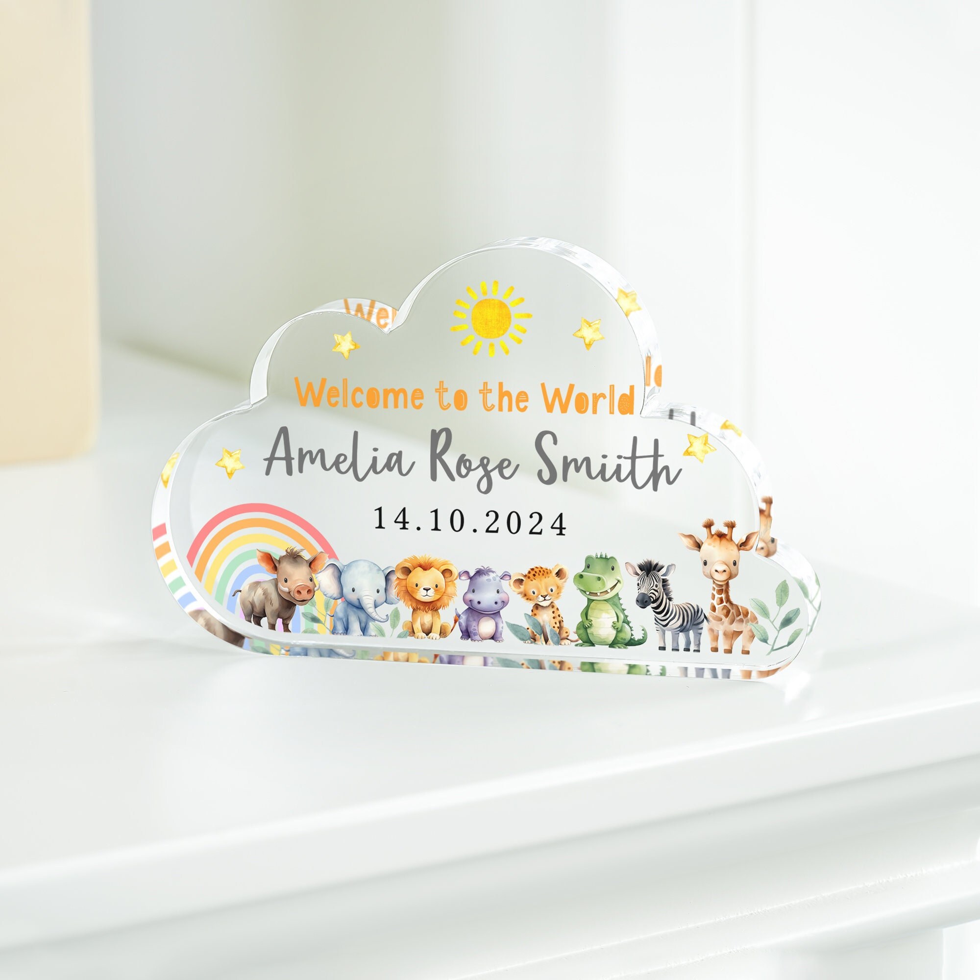Personalised New Baby Gift Plaque, Welcome to the World Plaque, Safari Animals, Gift for Baby, Cloud Plaque, Congrats Gift, New Parents