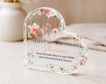 Personalised Happy 60th Birthday Gift Plaque, Pink Floral Keepsake Frame for Mum Nan, Polished Clear Acrylic
