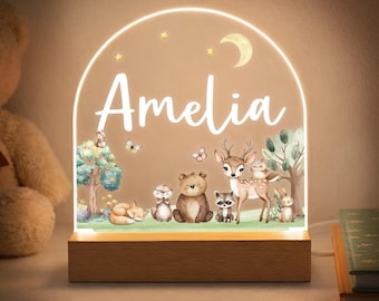 Personalised LED Animal Lamp, Kids Night Light Gift, Woodland Animals Light, Birthday Gifts for Kids, Kids Bedroom Nursery Table Light