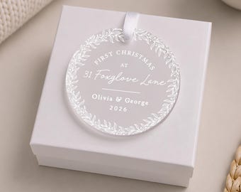 Personalised First Christmas in New Home Ornament, Frosted Acrylic Road Name Bauble, First Home Decoration