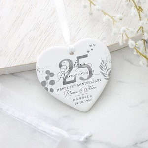 Cadeau personnalisé 25e anniversaire, 25e anniversaire de mariage en argent, plaque coeur en céramique, cadeaux 25e anniversaire, cadeau d'anniversaire de mariage pour mari