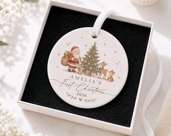 Personalised Baby's First Christmas Bauble, Babys 1st Xmas Santa Woodland Animals Theme, New Baby Christmas Ornament Gift