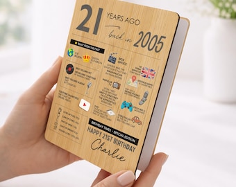 Personalised Fun Fact 21st Birthday Card, Wooden Keepsake Card, Born in 2005 Gift