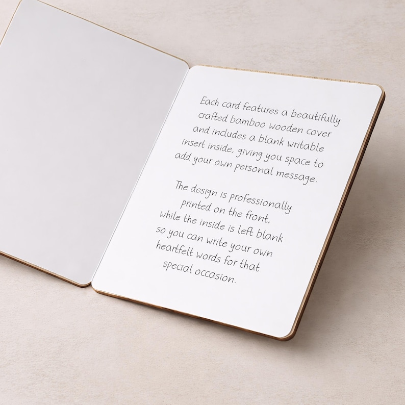 May include: Open bamboo card with text. The card features a blank writable insert. The text on the right page reads: "Each card features a beautifully crafted bamboo wooden cover and includes a blank writable insert inside..."