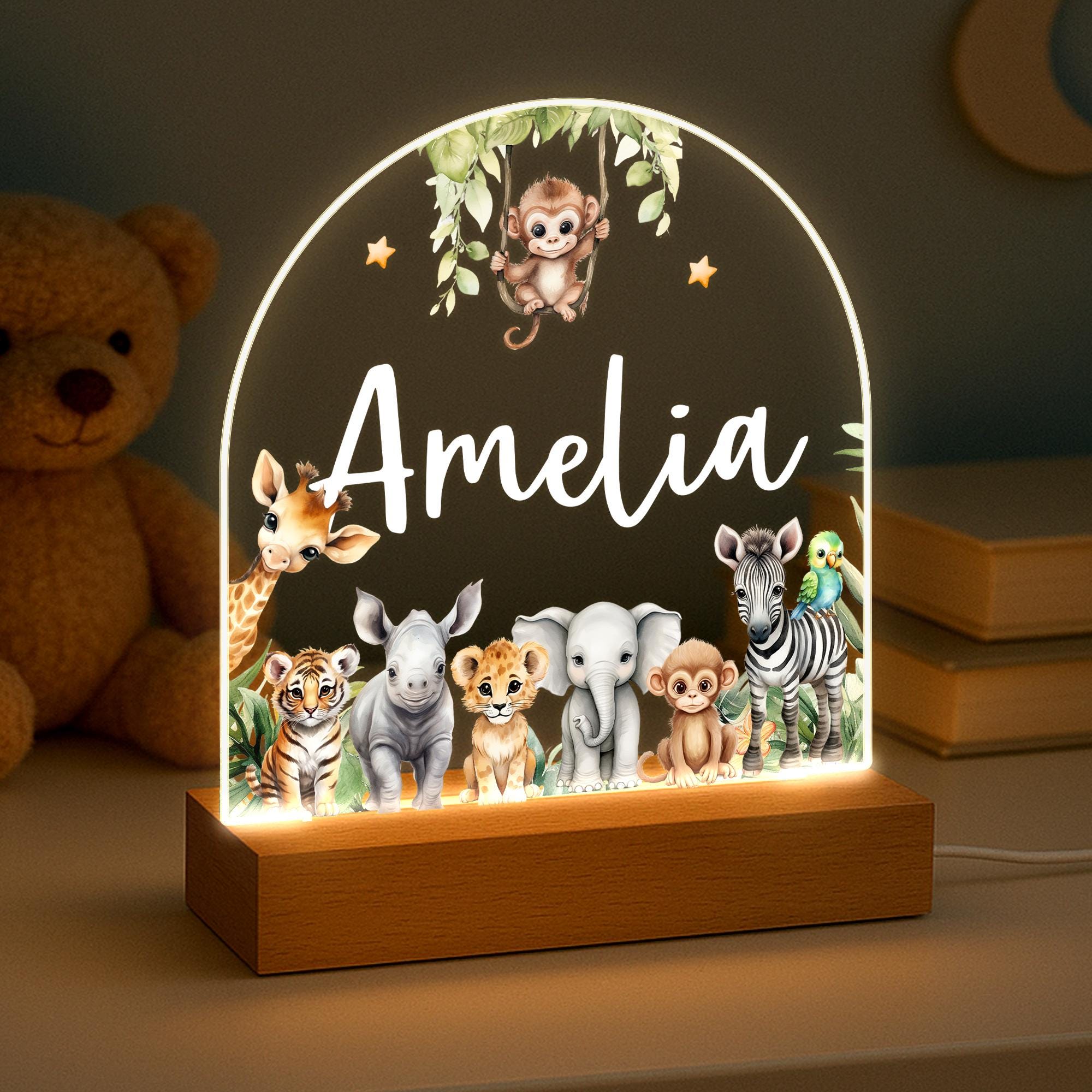 Personalised LED Animal Lamp, Kids Night Light Gift, Safari Jungle Animals Light, Birthday Gifts for Kids, Kids Bedroom Nursery Table Light