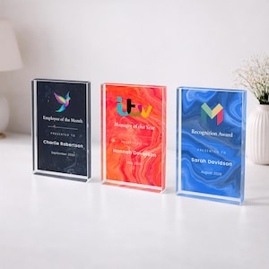 May include: Three rectangular acrylic awards. The left award says "Employee of the Month" and is presented to Charlie Robertson. The middle award says "Manager of the Year" and is presented to Hannah Daverson. The right award says "Recognition Award" and is presented to Sarah Davidson.