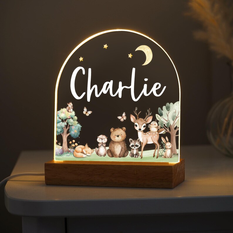 Personalised LED Animal Lamp, Kids Night Light Gift, Woodland Animals