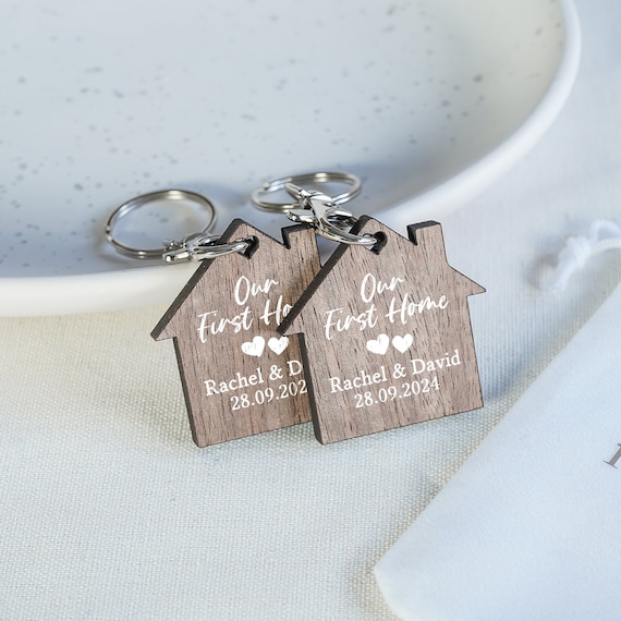Personalised First Home Keyrings, New Home Keyrings, House Keyrings Set, Wooden Keyrings, New Homeowners, New House Gift, House Keychains