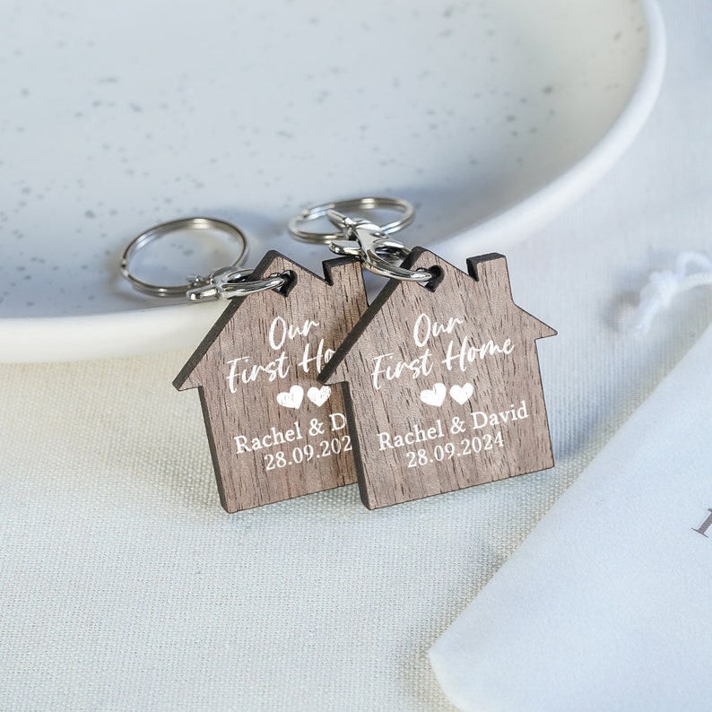 Personalised First Home Keyrings, New Home Keyrings, House Keyrings Set, Wooden Keyrings, New Homeowners, New House Gift, House Keychains image 1