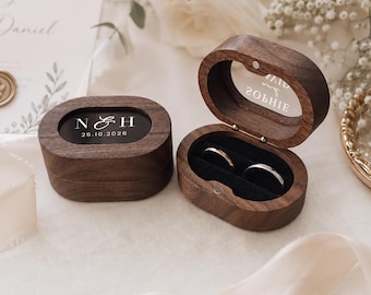 Caja personalizada de nogal para anillos de boda, caja ovalada para anillos, caja de compromiso, estuche para anillos de pedida de mano, recuerdo