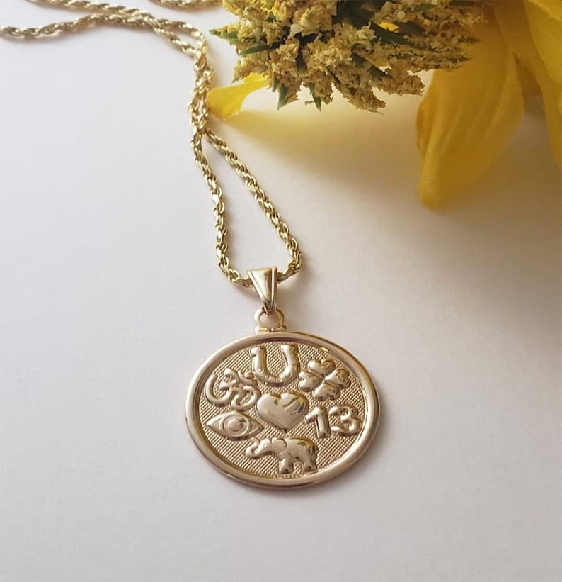 Medallion lucky necklace,Gold medallion,Medallion lucky charm,Medallion pendant,Elephant luck,horseshoe luck,Irish luck medallion,medallion.