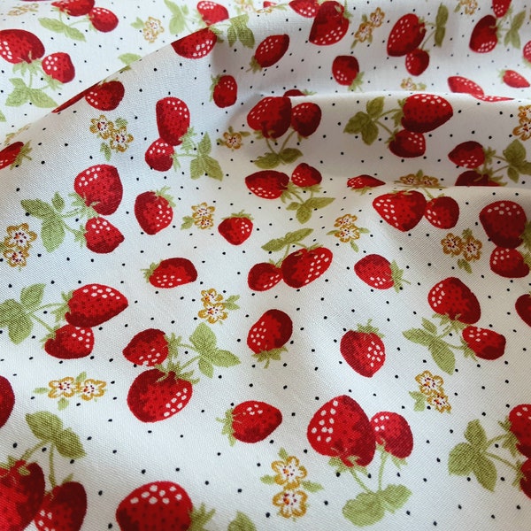 Strawberry 100% Cotton Poplin Fabric High Quality 112cm Wide. Strawberries, Strawberry Flowers, Summer Fruits. Ivory.